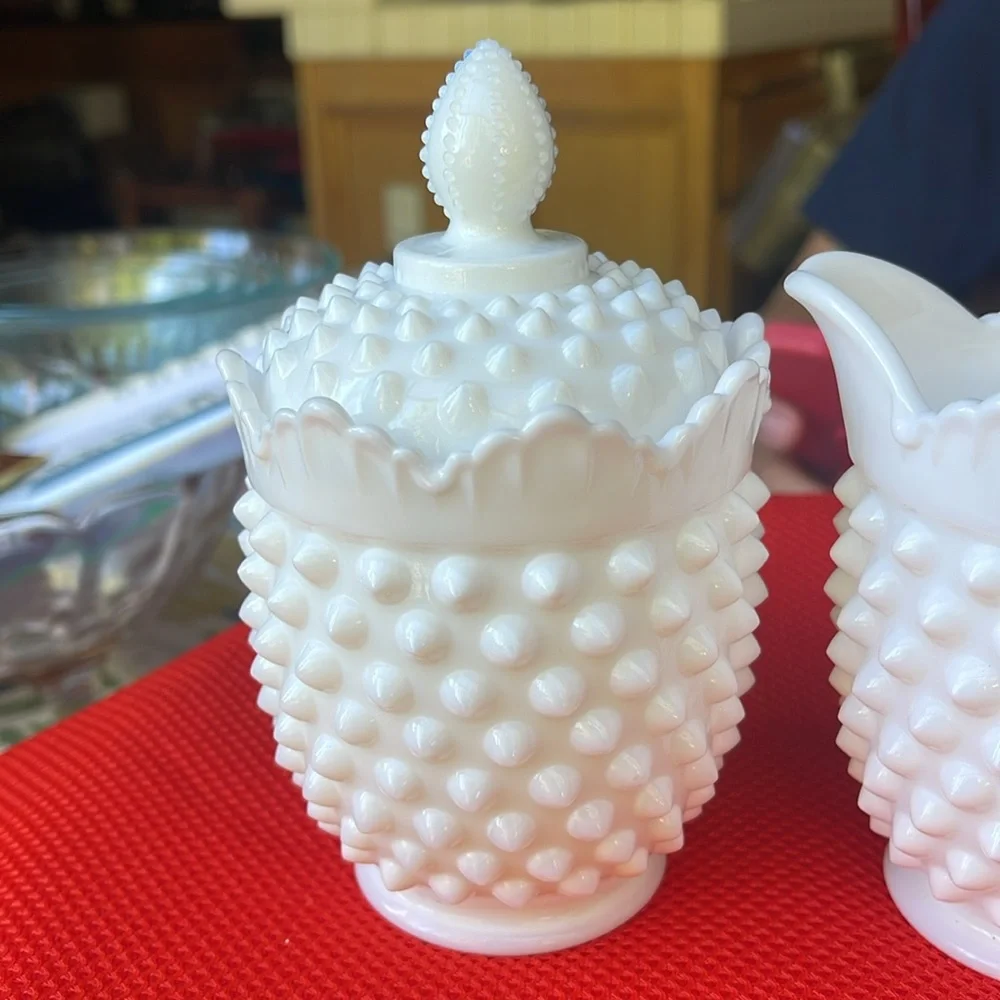 Fenton hobnail milk glass cream and sugar bowl with a lid( candy , cookie jar )